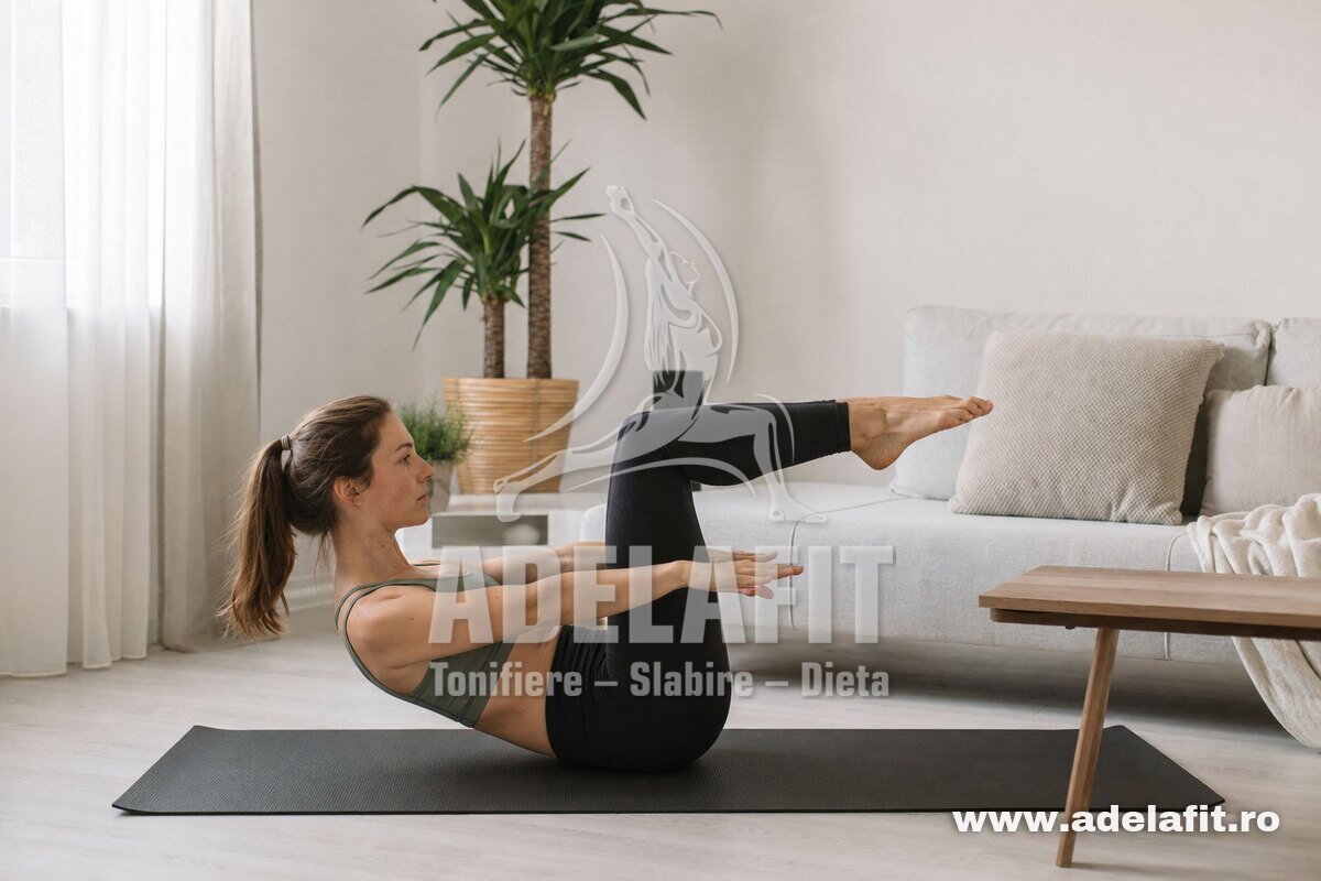Femeie făcând exercițiul Pilates Hundred pe saltea, acasă, într-un living luminos