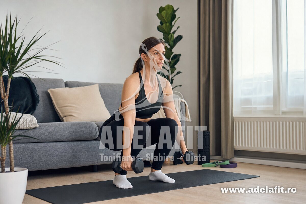 Femeie făcând genuflexiuni cu gantere acasă, în echipament sport simplu, într-un living luminos