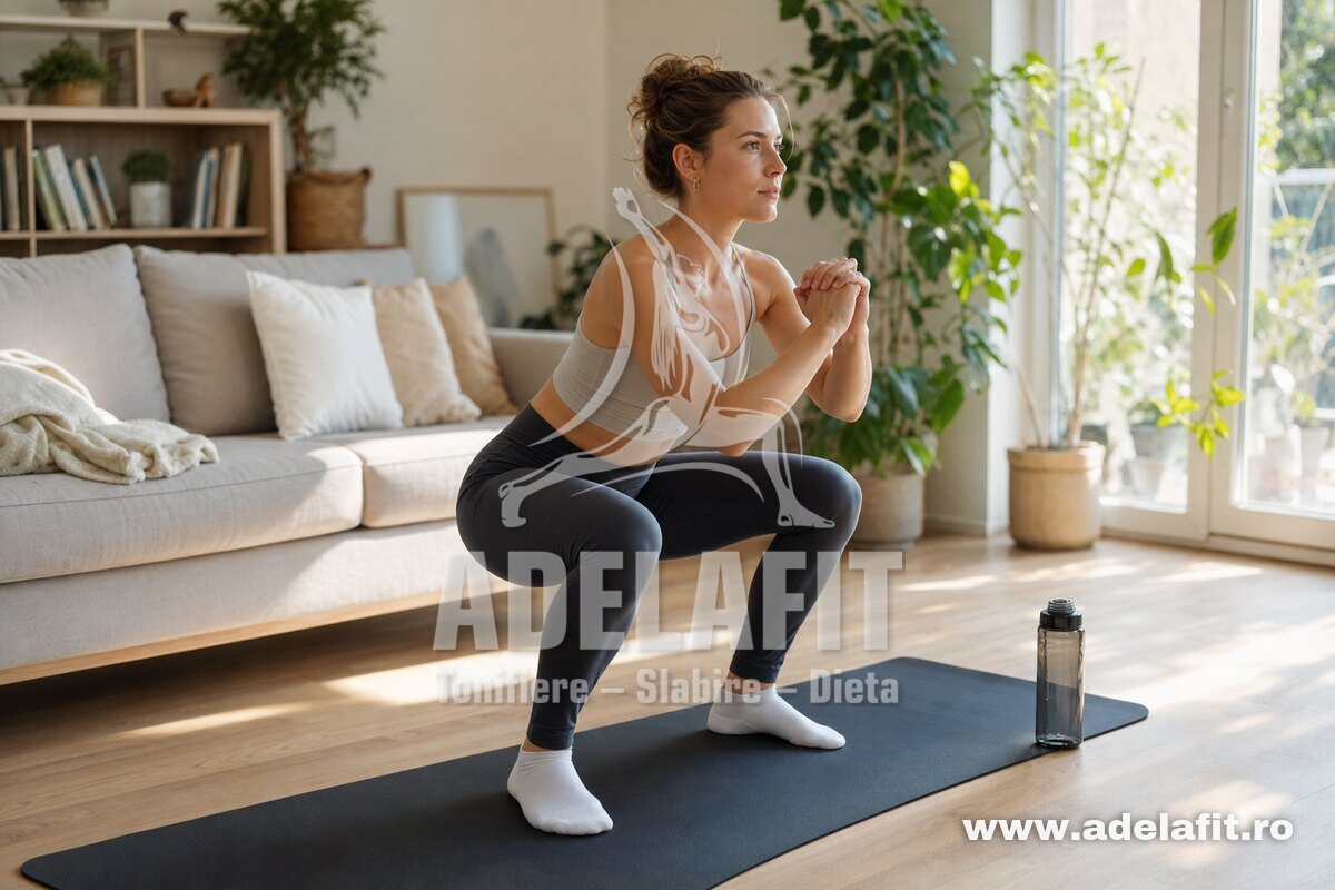 Femeie făcând genuflexiuni dimineața acasă, pe saltea, într-un living luminos