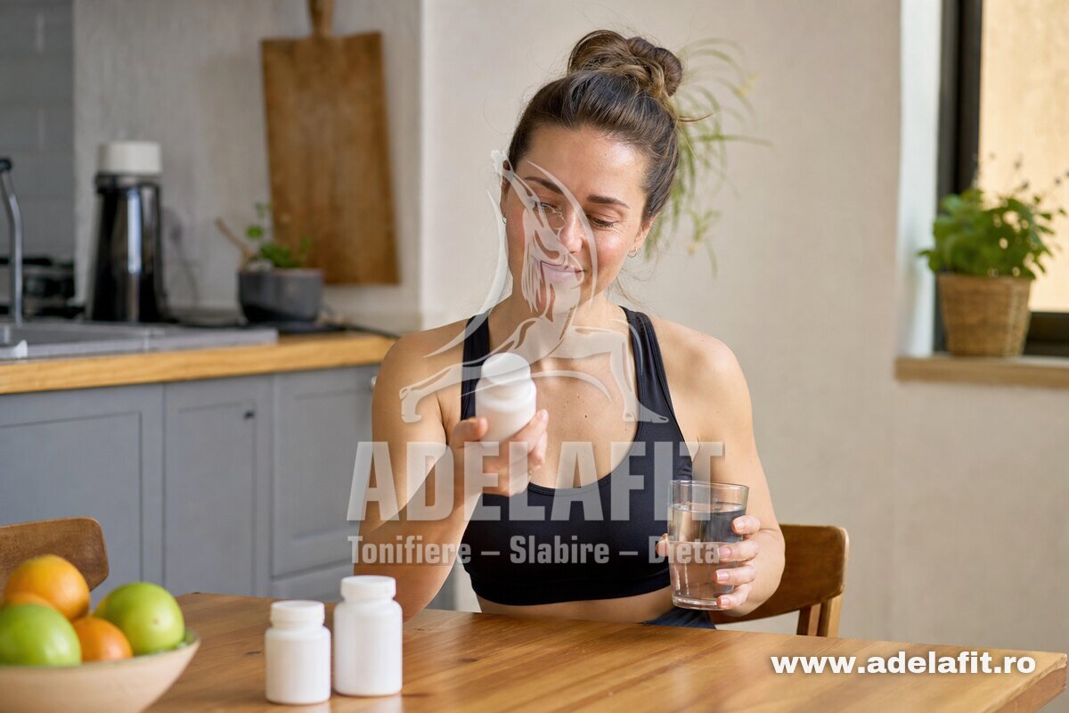 Femeie stă la masă cu suplimente fără etichetă și un pahar cu apă, zâmbind relaxată.