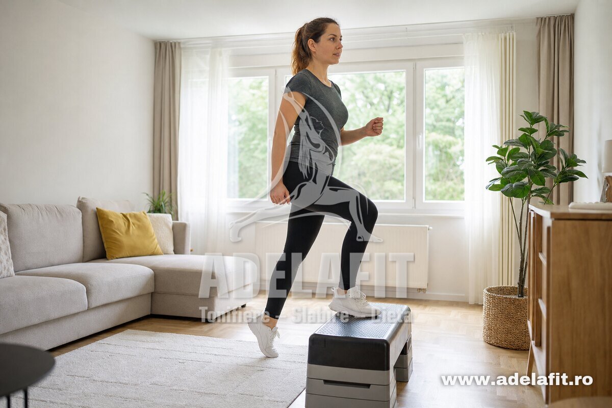 Femeie făcând urcări pe stepper acasă, în sufragerie luminoasă, îmbrăcată sport simplu