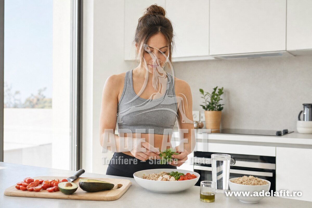 Femeie pregătește o salată cu pui și quinoa în bucătărie, cu apă și ingrediente sănătoase pe blat.
