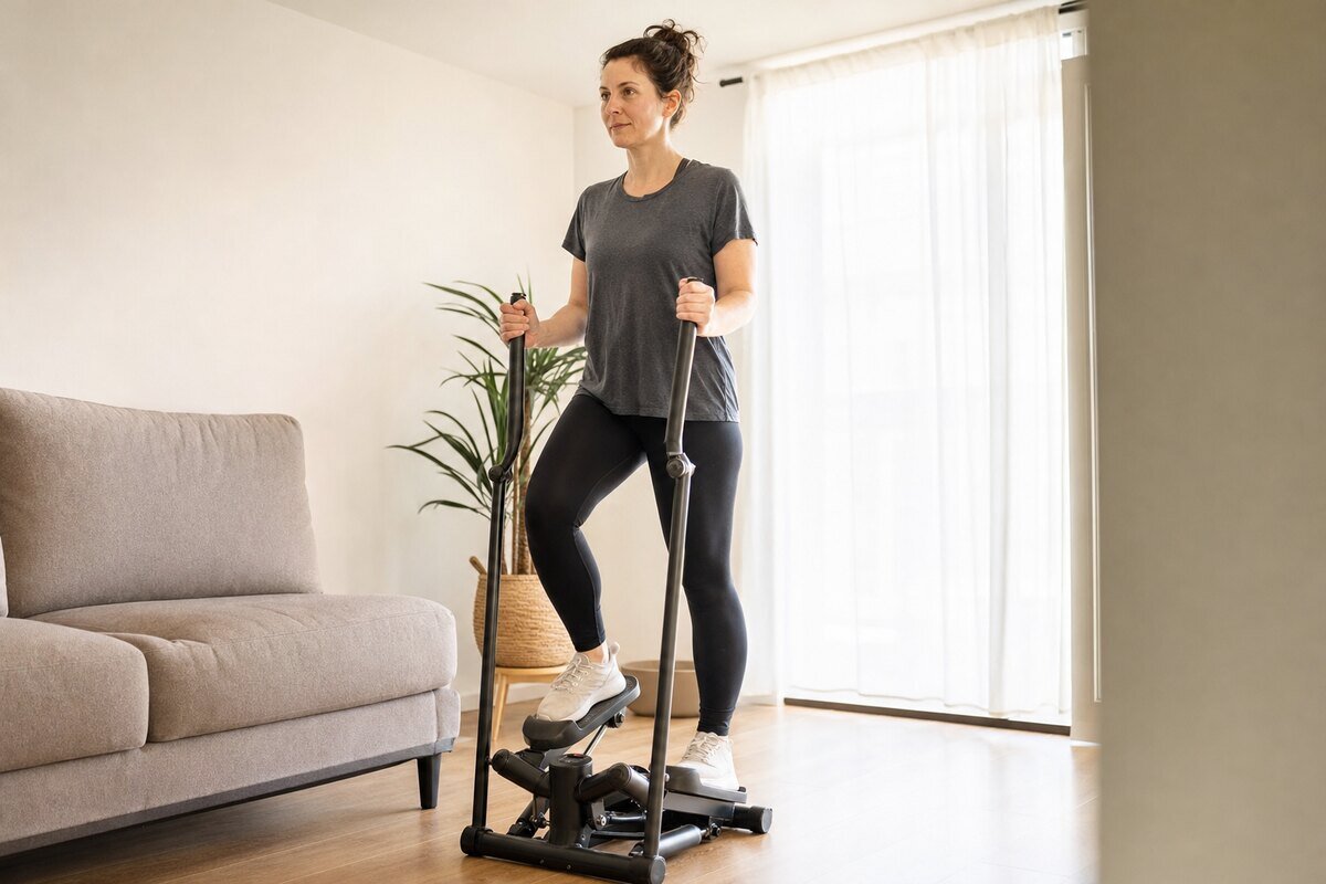 Femeie făcând exerciții pe stepper acasă, în sufragerie luminoasă, în echipament sport simplu