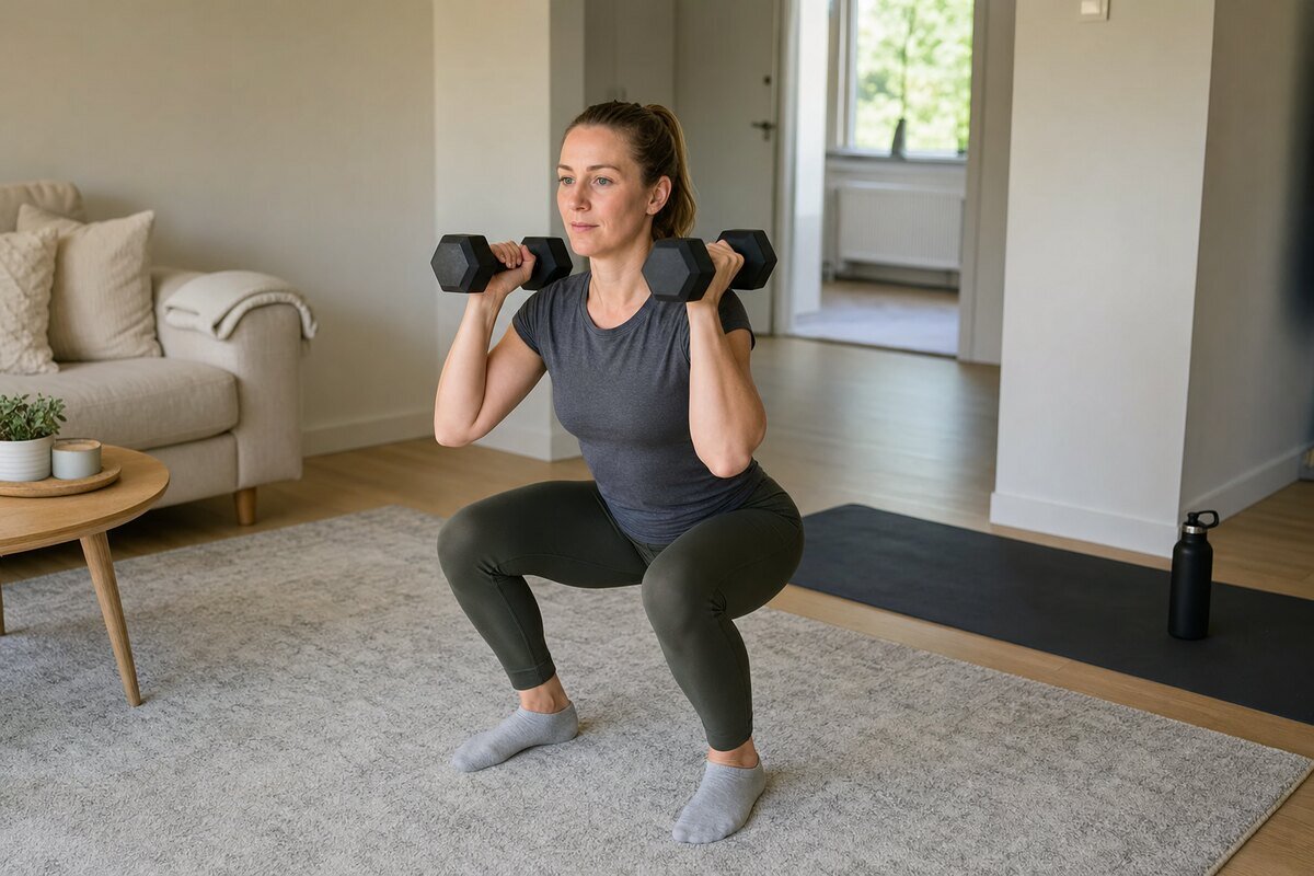 Femeie făcând genuflexiuni cu gantere acasă, în echipament sport simplu, într-un living luminos